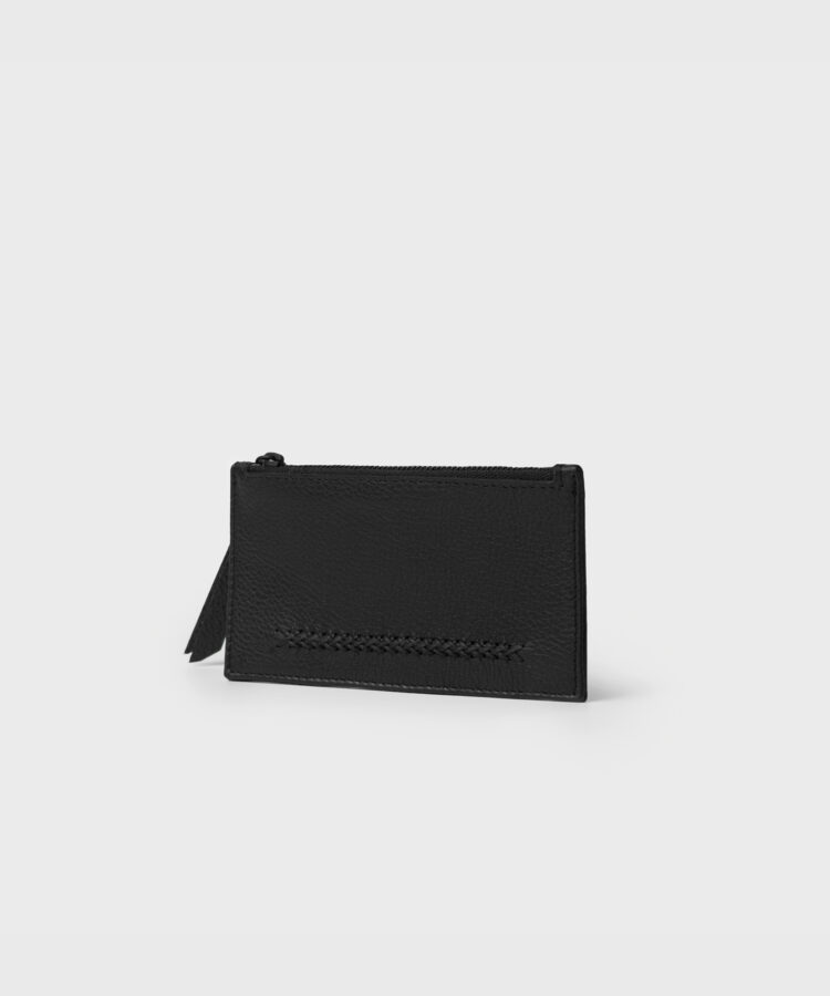 Long Zipped Card Holder in Black Grained Leather - Callista Crafts